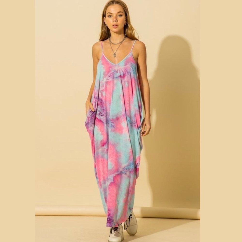 NWT Pink & Blue Tie-Dye Maxi Dress